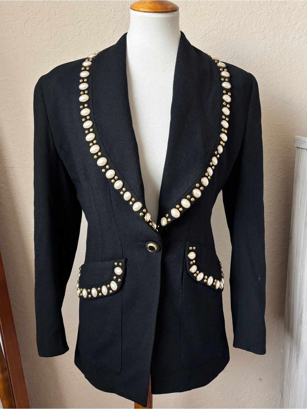 Alberto Makali Vintage Pearl Embellished Blazer Wool Statement Jacket Blazer S